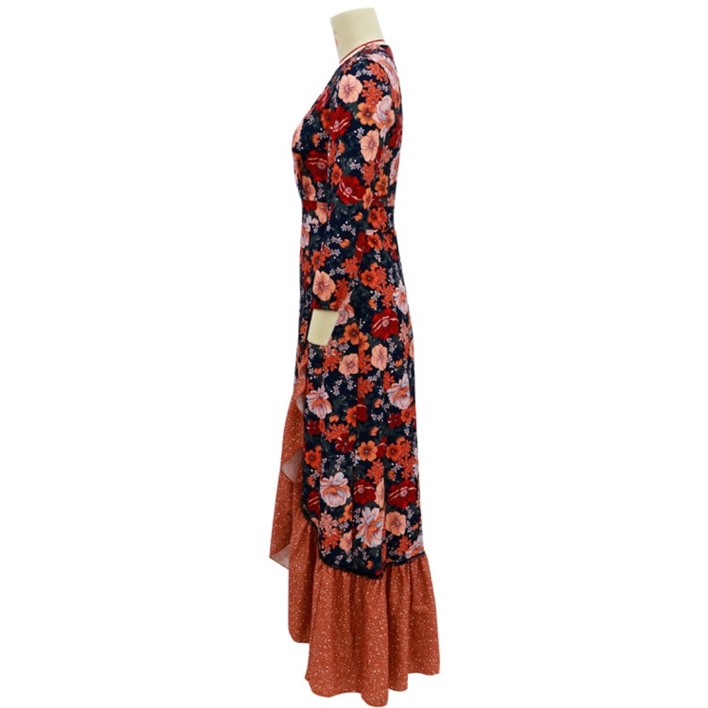 Orange Ruffle hem floral boho gypsy maxi Dress - Picture 10 of 11
